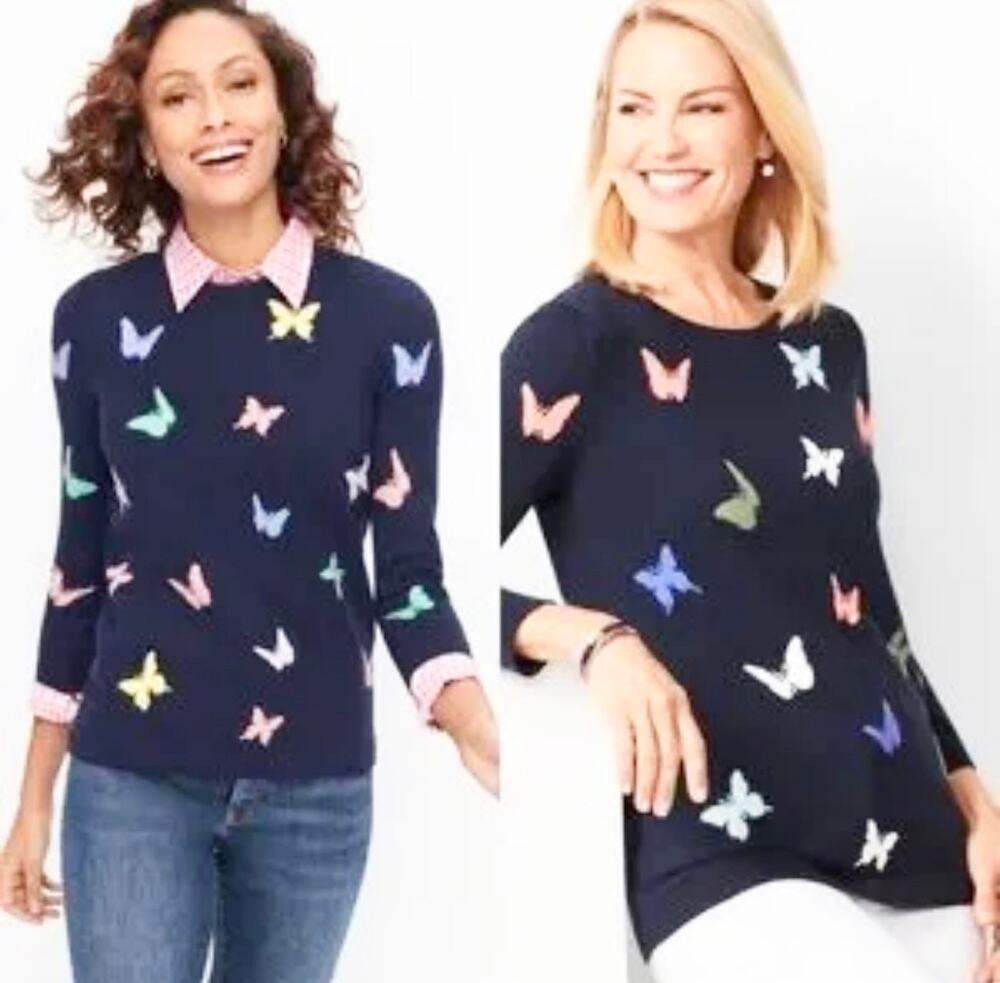 Talbots Navy Blue Butterfly Intarsia Crewneck Long Sleeve Sweater Size Small
